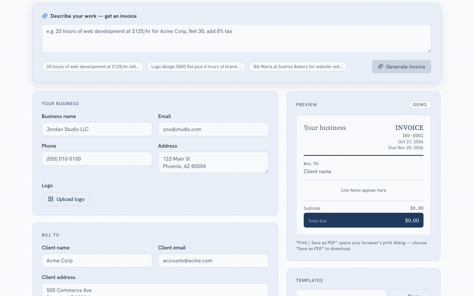 One sentence typed into SoloInvoice: the line item, tax and total are drafted and the invoice preview fills in.